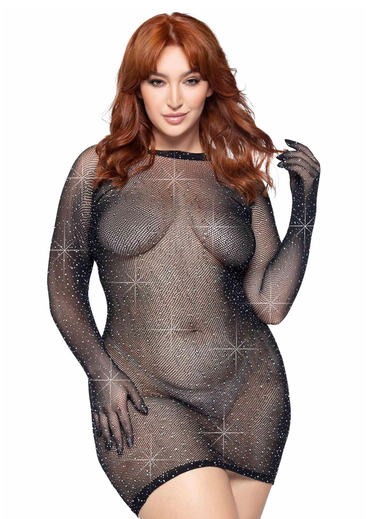 Robe courte résille strassée avec gants grande taille