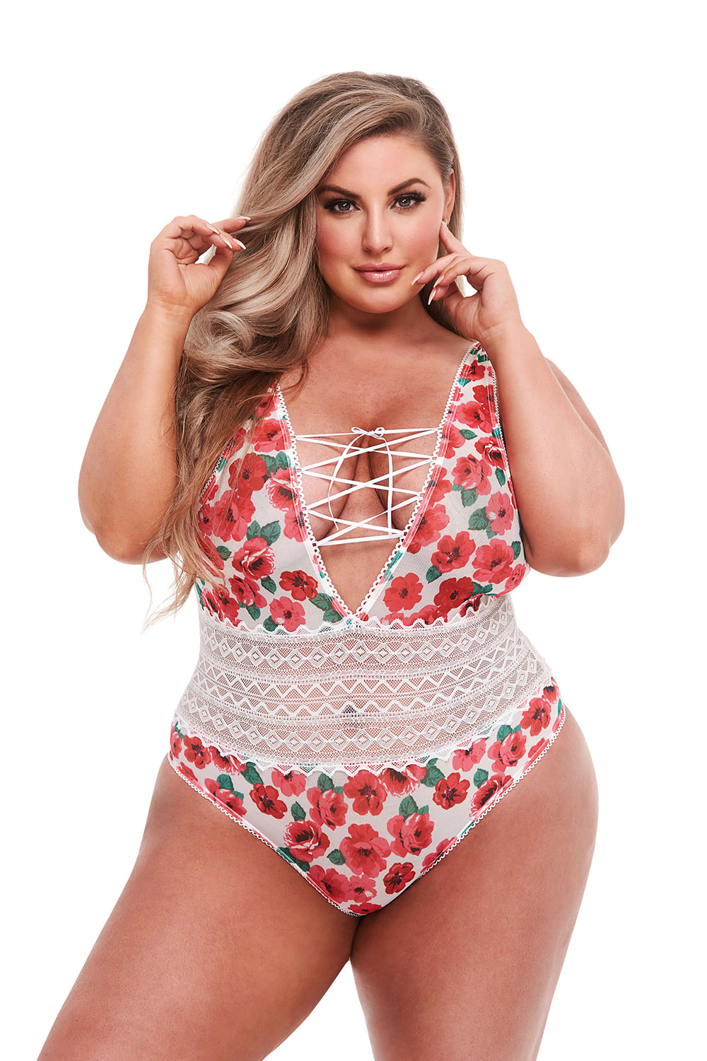 WHITE FLORAL & LACE TEDDY, QS