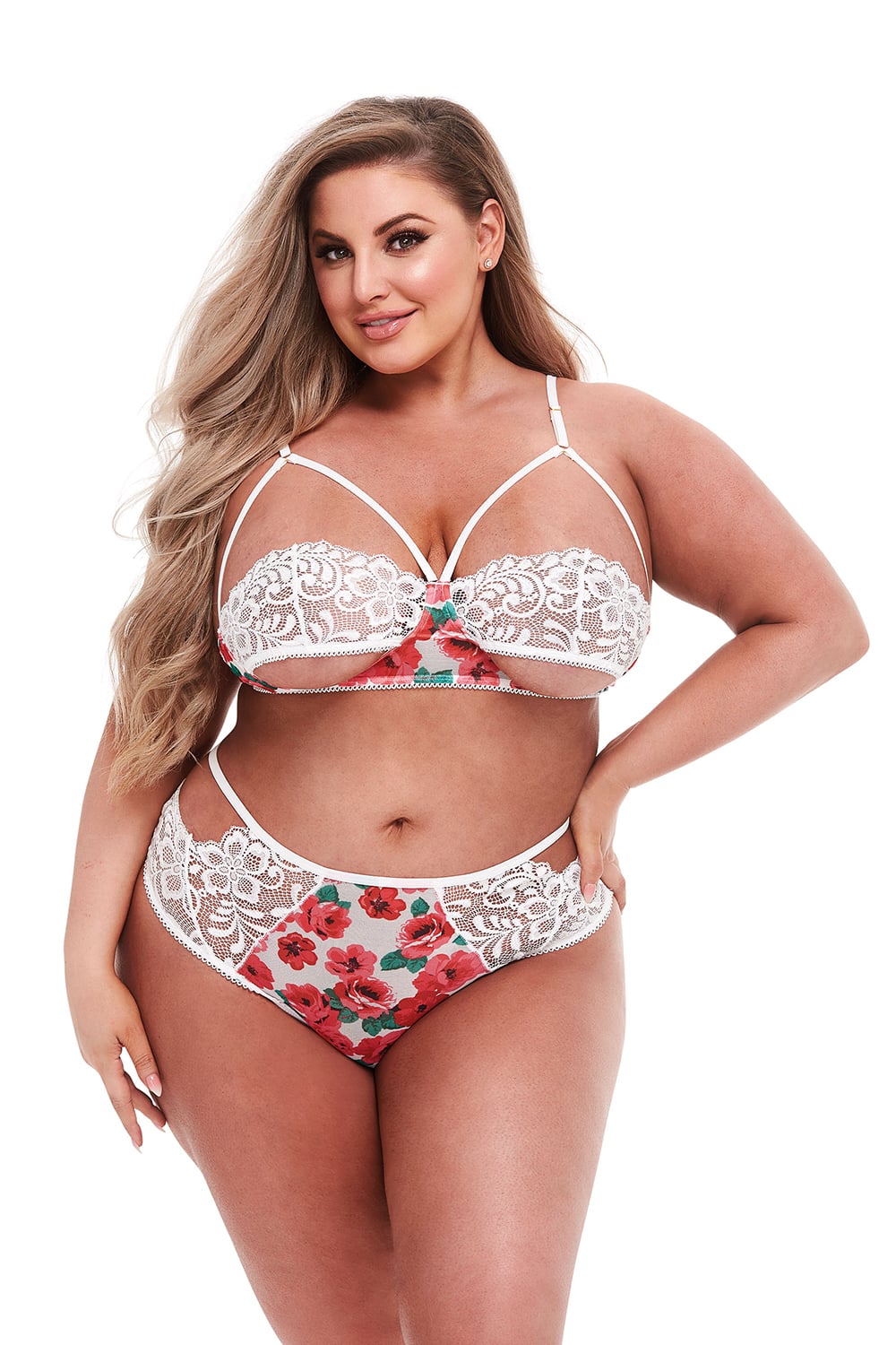 WHITE FLORAL & LACE BRA SET, QS