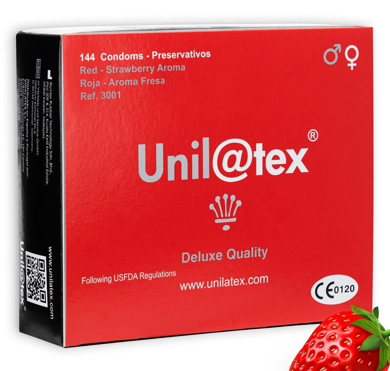 Unilatex – Préservatifs rouges parfum fraise, boîte de 144