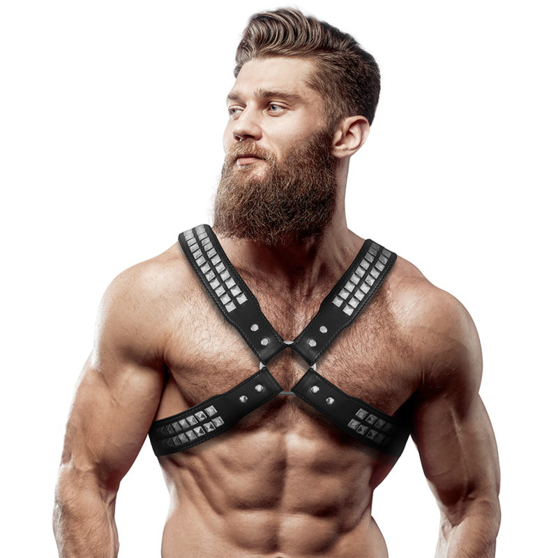 Fetish Submissive Attitude – Harnais en cuir écologique pour hommes poitrine croisée avec rivets