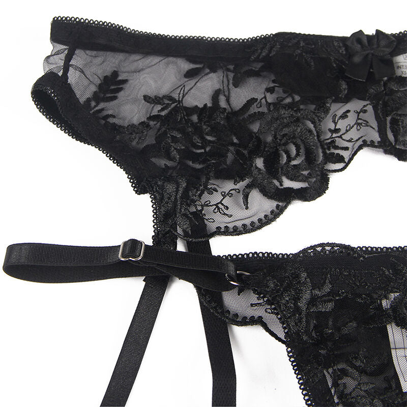 Subblime – Lot 3 pièces soutien-gorge + string + jarretière imprimé floral noir