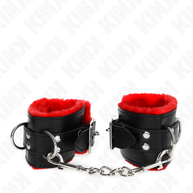 Kink – Appui-poignets doublés de fourrure avec trous carrés ceinture rouge et noire réglable 17-29 cm x 6 cm