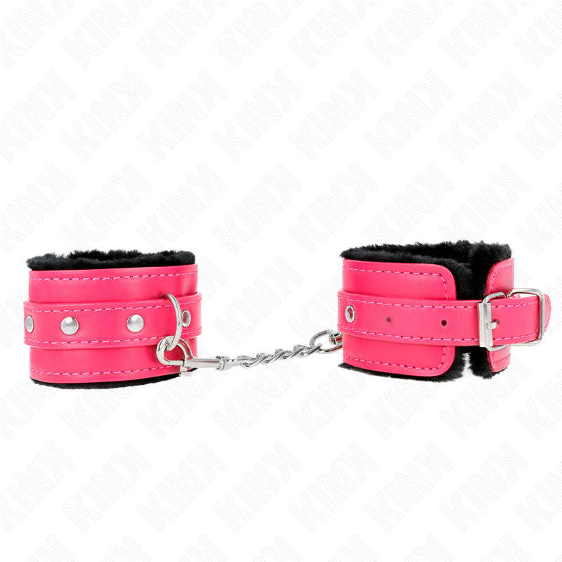 Kink – Appui-poignets doublés de fourrure premium noir avec ceinture rose framboise ajustable 17-29 cm x 6 cm