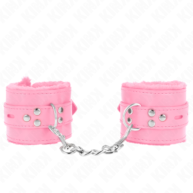 Kink – Appui-poignets doublés de fourrure avec trous carrés rose et ceinture rose réglable 17-29 cm x 6 cm