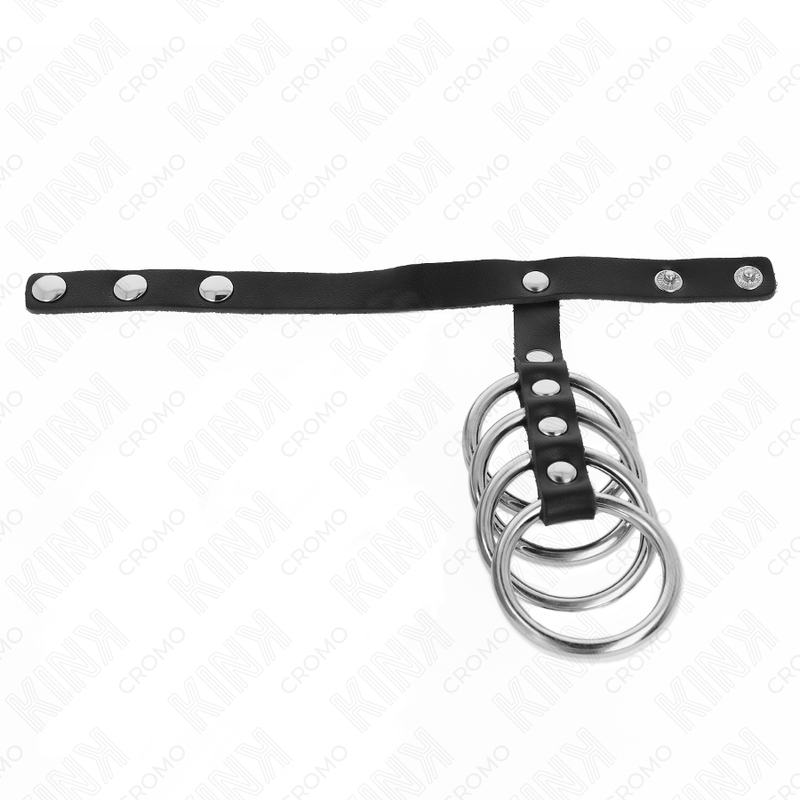 Kink – 4 anneaux pénis en métal 3,8 cm connectés avec sangle en cuir 22 x 1,5 cm et fermeture à pression