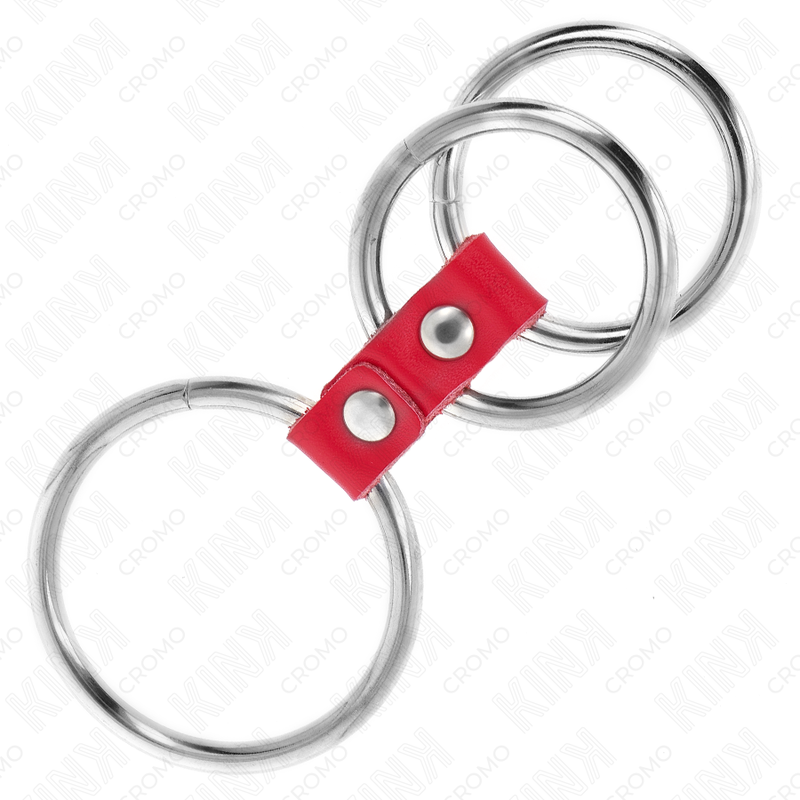 Kink – Anneau pénis triple métal 3,7 cm à 5 cm connecté avec du cuir rouge