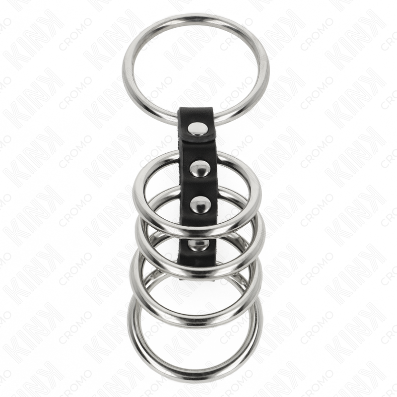 Kink – 5 anneaux pénis de 3,7 cm à 5 cm en métal relies par du cuir