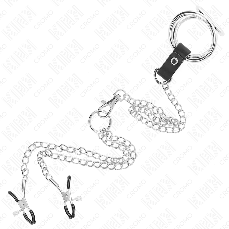 KINK - ANILLO PENE TRIPLE METAL CROMADO 3 CM TO 4.5 CM CON CADENA METAL 26 CM Y PINZAS PARA PEZONES