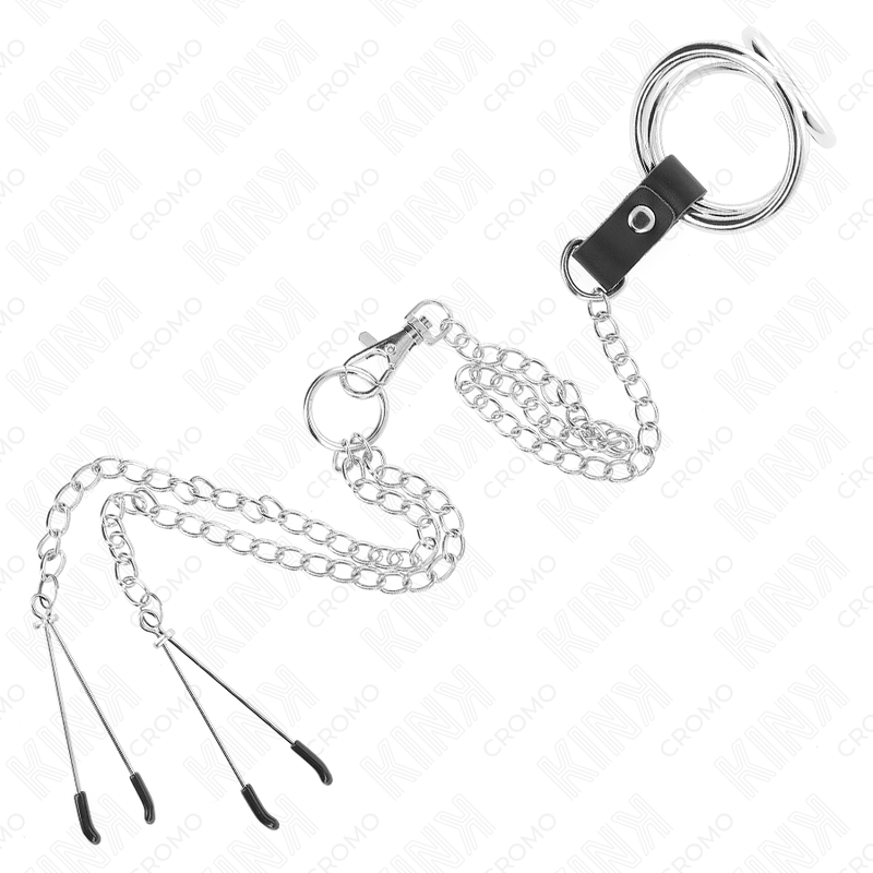 KINK - ANILLO PENE TRIPLE METAL CROMADO 3.8 CM TO 5 CM CADENA METAL 26 CM Y PINZAS PARA PEZONES MODELO 2