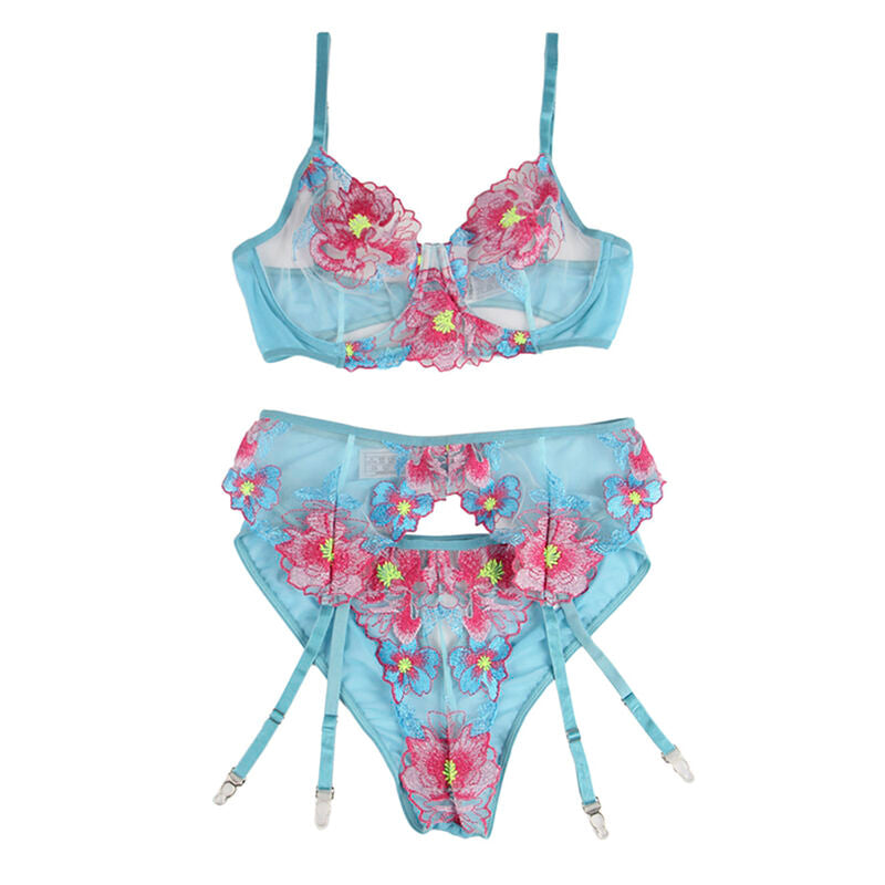 Subblime – 954116 soutien-gorge + culotte avec porte-jarretelles motif floral bleu L/XL