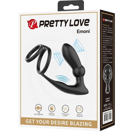 PRETTY LOVE - EMONI ANILLO PENE + ANAL PLUG 12 VIBRACIONES NEGRO