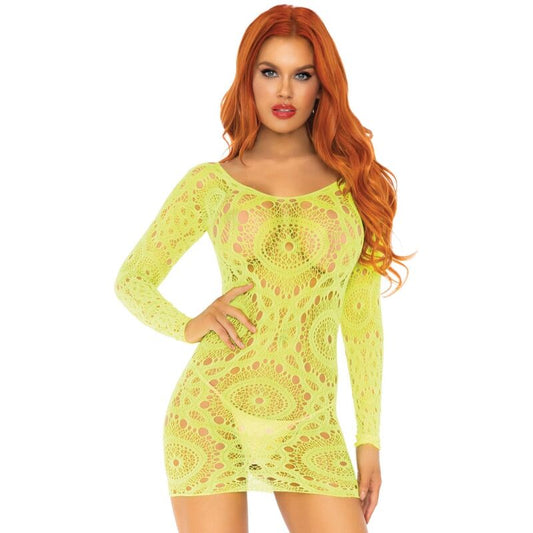 LEG AVENUE - MINI VESTIDO DE CAJES MANGA LARGA NEON TALLA ÚNICA