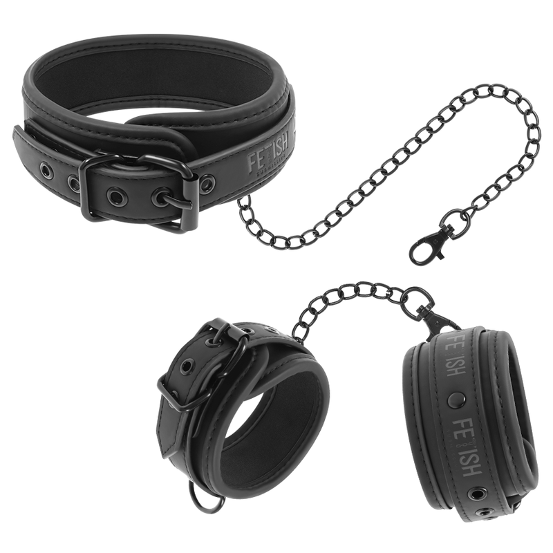 Fetish Submissive – Collier et menottes en cuir végan avec doublure en noprène