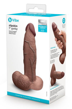 B-VIBE SLIPSKIN REALISTIC SILICONE DILDO 7 INCH GIRTHY BROWN