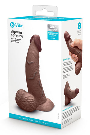 B-VIBE SLIPSKIN REALISTIC SILICONE DILDO 6.5 INCH CURVED BROWN