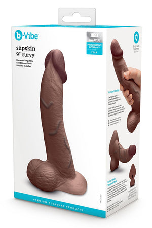 B-VIBE SLIPSKIN REALISTIC SILICONE DILDO 9 INCH CURVED BROWN