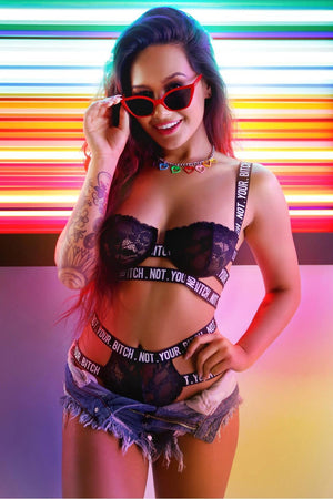 NOT YOUR BITCH LACE CAGE BRA & CUT-OUT PANTY BLACK, L/XL