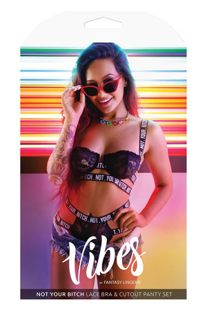 NOT YOUR BITCH LACE CAGE BRA & CUT-OUT PANTY BLACK, S/M