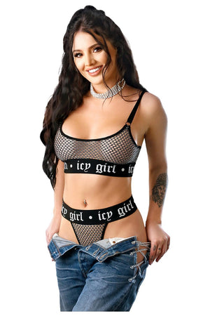 ICY GIRL METALLIC FISHNET BRALETTE & G-STRING PANTY BLACK, M/L