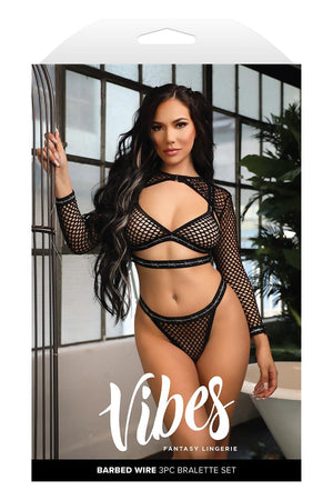 BARBED WIRE FISHNET BRALETTE, LONG SLEEVE SHRUG & PANTY BLACK, M/L