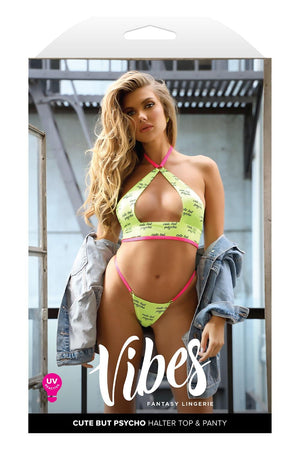 CUTE BUT PSYCHO UV REACTIVE HALTER TOP & PANTY YELLOW, S/M