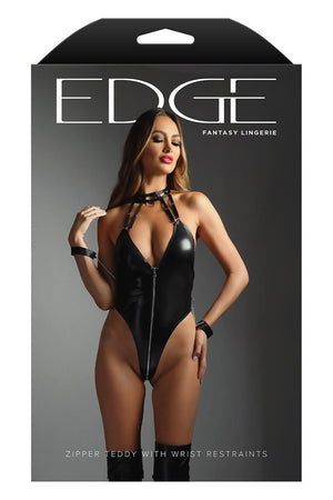 WETLOOK HALTER TEDDY WITH FULL ZIPPER CLOSURE BLACK, L/XL