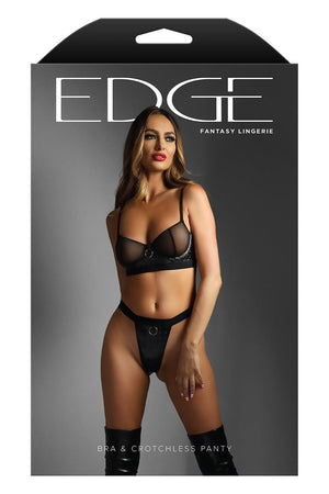WETLOOK UNDERWIRE BRA & CROTCHLESS PANTY BLACK, L/XL