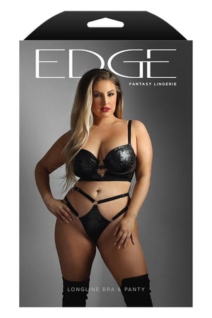 WETLOOK LONGLINE UNDERWIRE BRA & G-STRING PANTY BLACK, QS