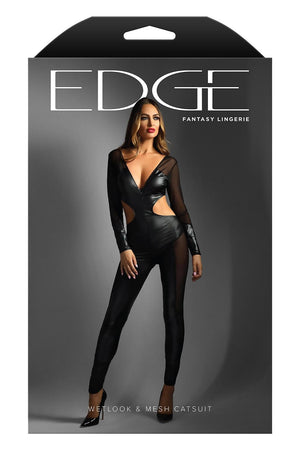 WETLOOK CATSUIT WITH HIDDEN FULL ZIPPER CLOSURE BLACK, M/L
