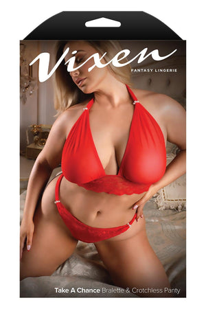 TAKE A CHANCE LACE AND MESH HALTER BRALETTE & PANTY RED, QS