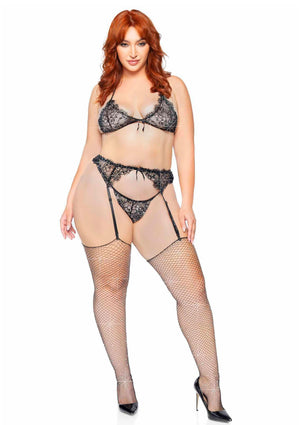 Haut soutien-gorge dentelle, string et porte-jarretelles grande taille