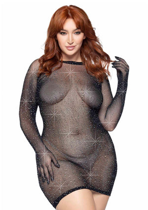 Robe courte résille strassée avec gants grande taille