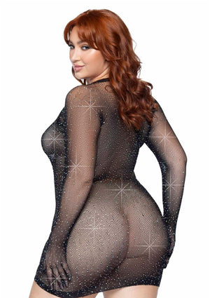 Robe courte résille strassée avec gants grande taille