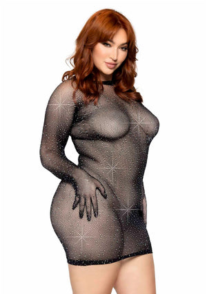 Robe courte résille strassée avec gants grande taille