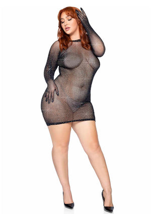 Robe courte résille strassée avec gants grande taille