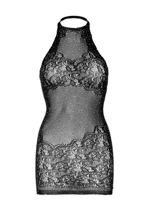 Robe courte licou en dentelle et résille strassée