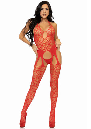Bodystocking résille motif cœur sans couture avec jarretelles