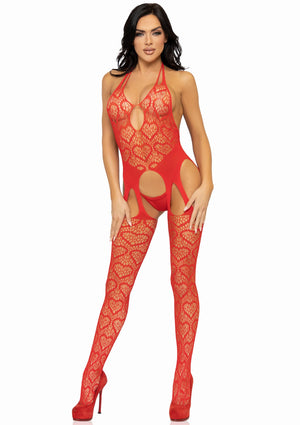 Bodystocking résille motif cœur sans couture avec jarretelles