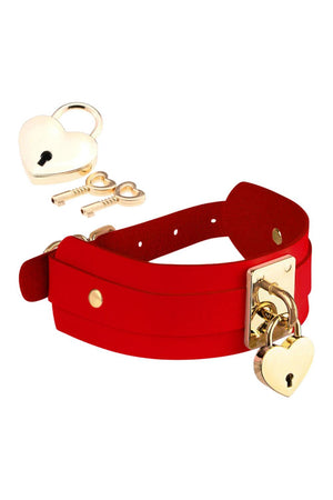 KINKY DIVA HEART LOCK & KEY COLLAR RED/GOLD