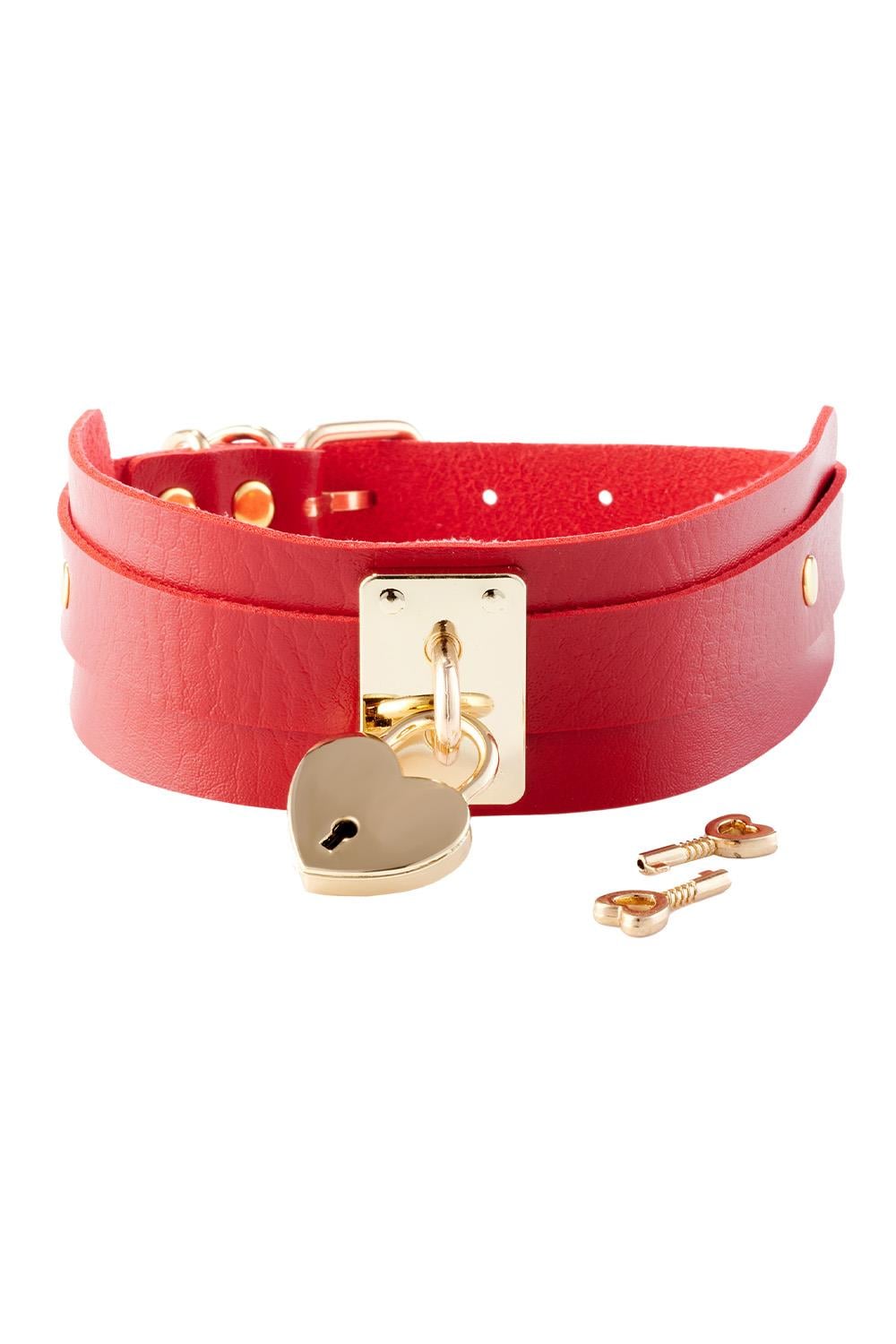 KINKY DIVA HEART LOCK & KEY COLLAR RED/GOLD