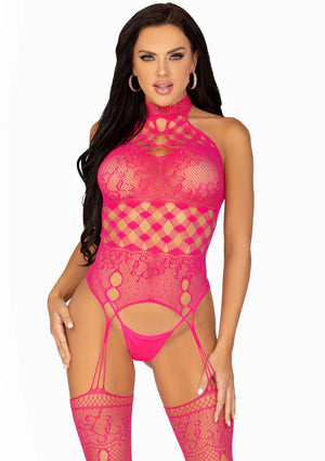 Bodystocking licou col montant avec jarretelles