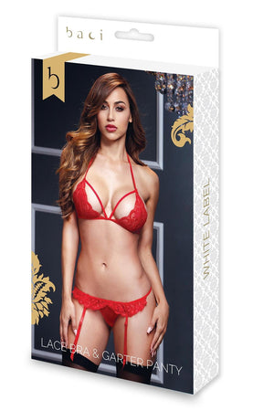 LACY BRA GARTER OPEN CROTCH PANTY 2P RED, OS