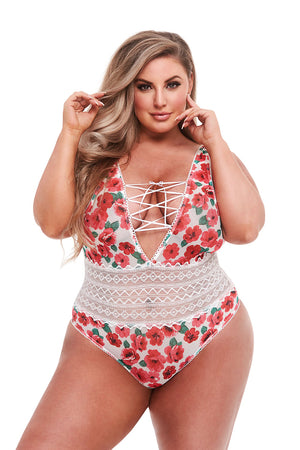 WHITE FLORAL & LACE TEDDY, QS