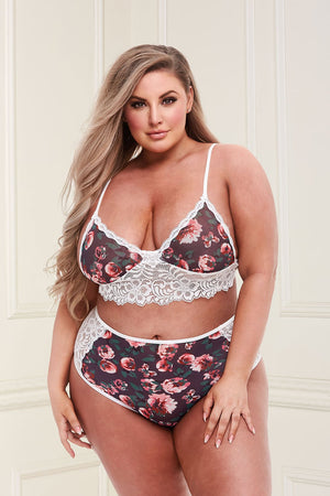 GREY FLORAL & LACE BRA SET, XL