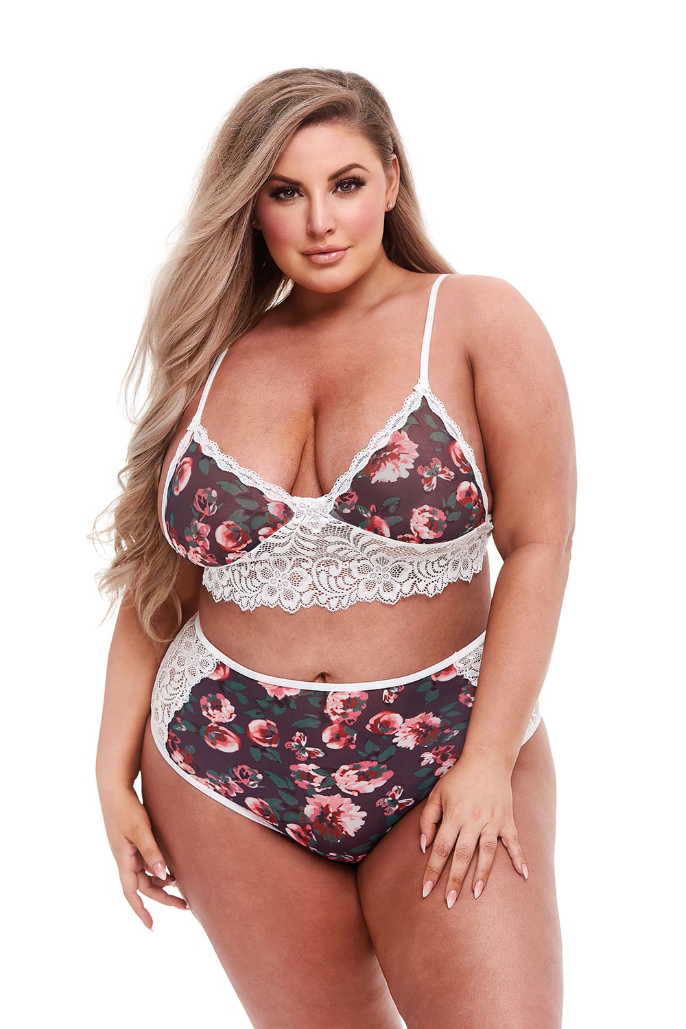 GREY FLORAL & LACE BRA SET, XL