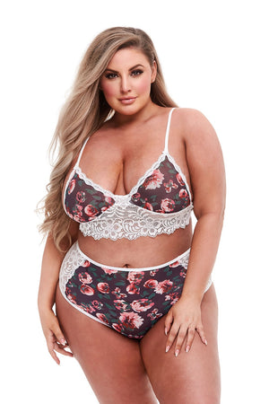GREY FLORAL & LACE BRA SET, XL