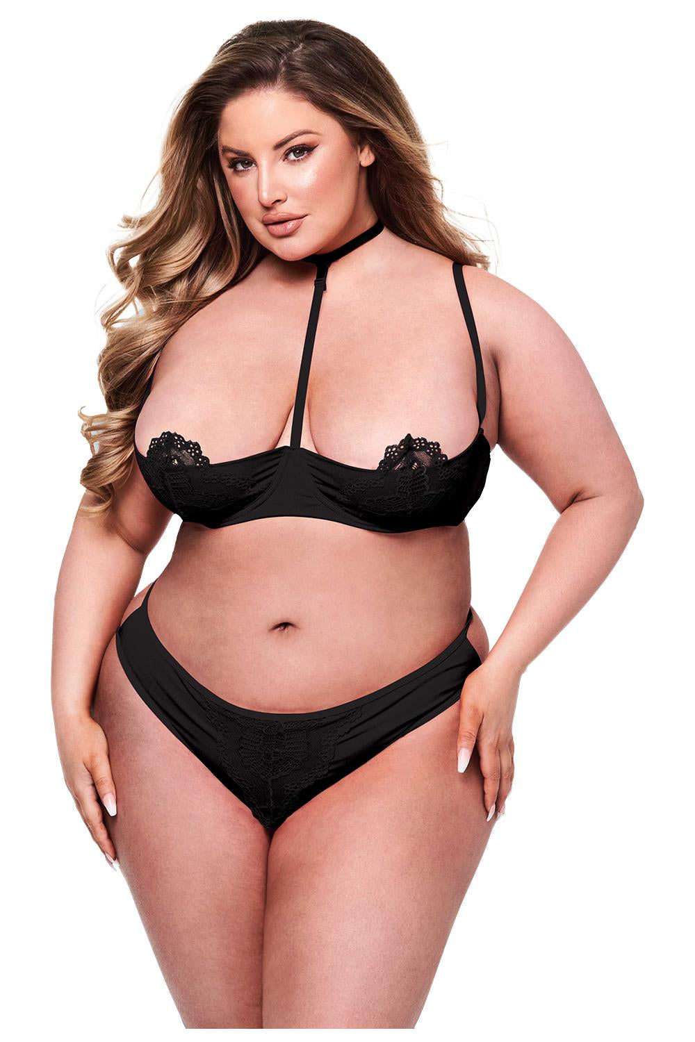 BACI 2PC SEXY QUARTER CUP BRA & G-STRING SET BLACK, QS
