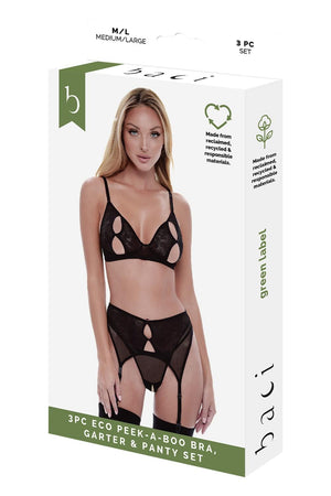 BACI 3 PCS ECO PEEK-A-BOO BRA, GARTER & PANTY SET BLACK, S/M
