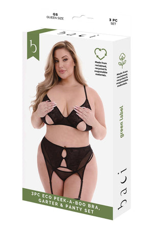 BACI 3 PCS ECO PEEK-A-BOO BRA, GARTER & PANTY SET BLACK, QS